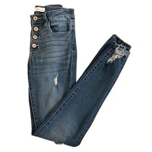 KanCan Women's Skinny Jeans in Distressed Dark Wash Blue